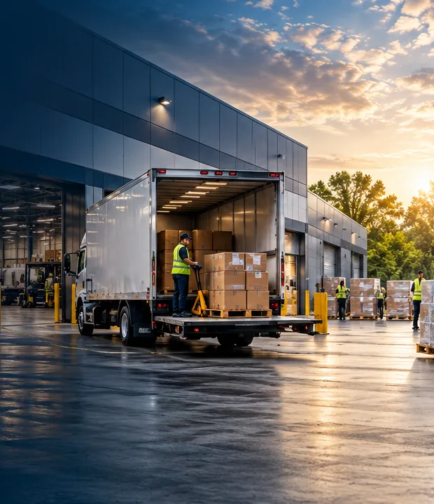 Boxes and pallets being handled at a delivery vehicle
