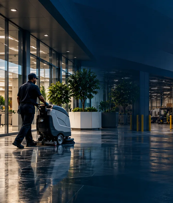 Professional using commercial floor cleaning equipment