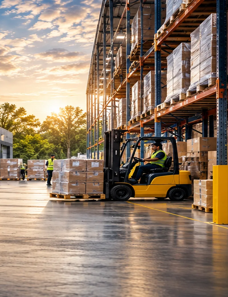 Warehouse storage racks with palletized goods